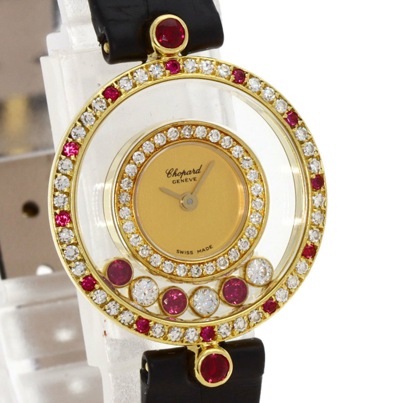 蕭邦 20/4191-21 Happy Diamonds 紅寶石腕錶,18K黃金錶殼搭配皮革錶帶,女士款-3