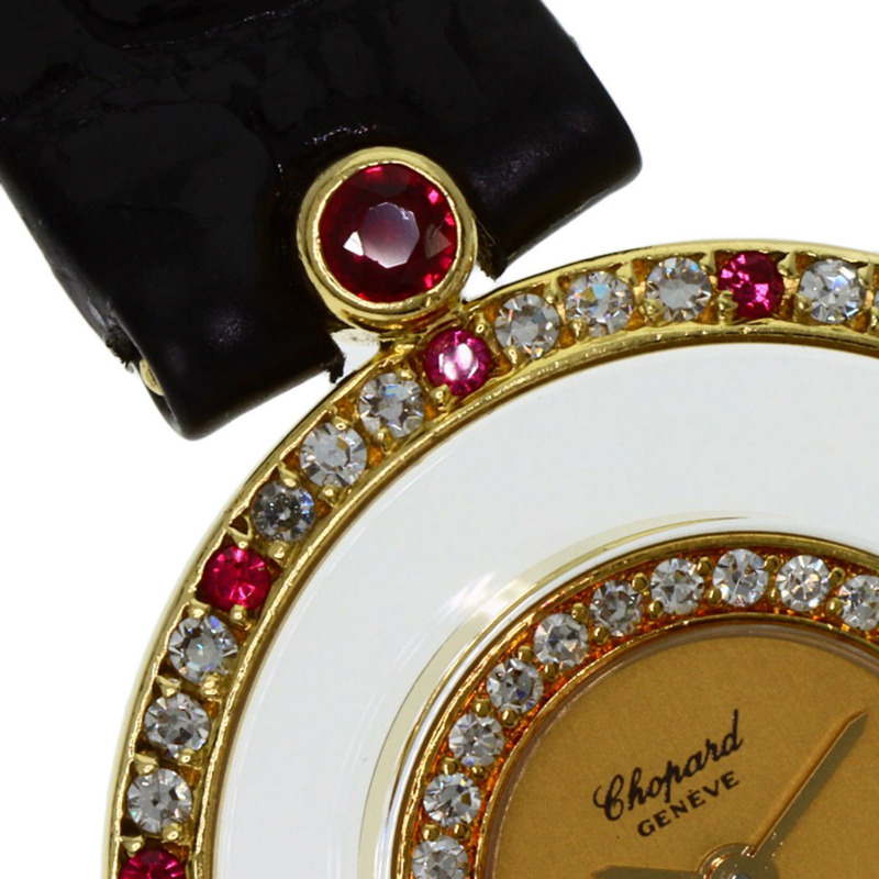 蕭邦 20/4191-21 Happy Diamonds 紅寶石腕錶,18K黃金錶殼搭配皮革錶帶,女士款-18