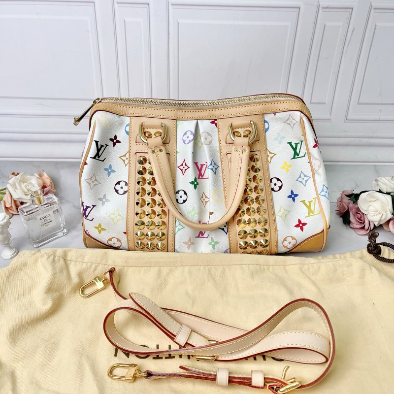 LV 限量絕版鉚釘白三彩波士頓手提肩背包 34×22×17 99新配件塵袋-1