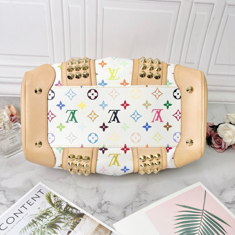 LV 限量絕版鉚釘白三彩波士頓手提肩背包 34×22×17 99新配件塵袋-3