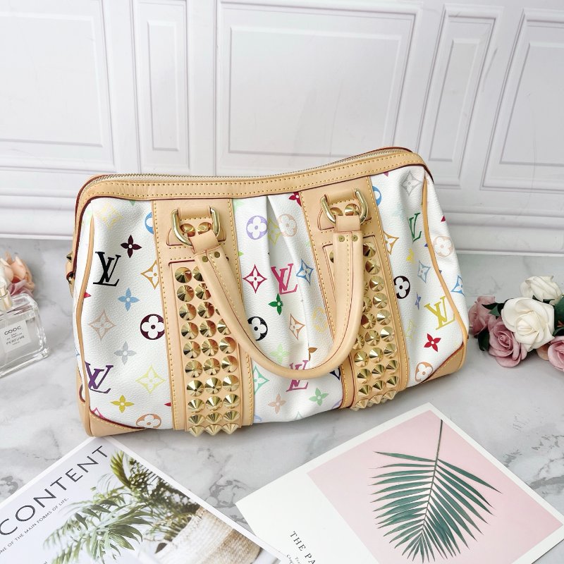 LV 限量絕版鉚釘白三彩波士頓手提肩背包 34×22×17 99新配件塵袋-4