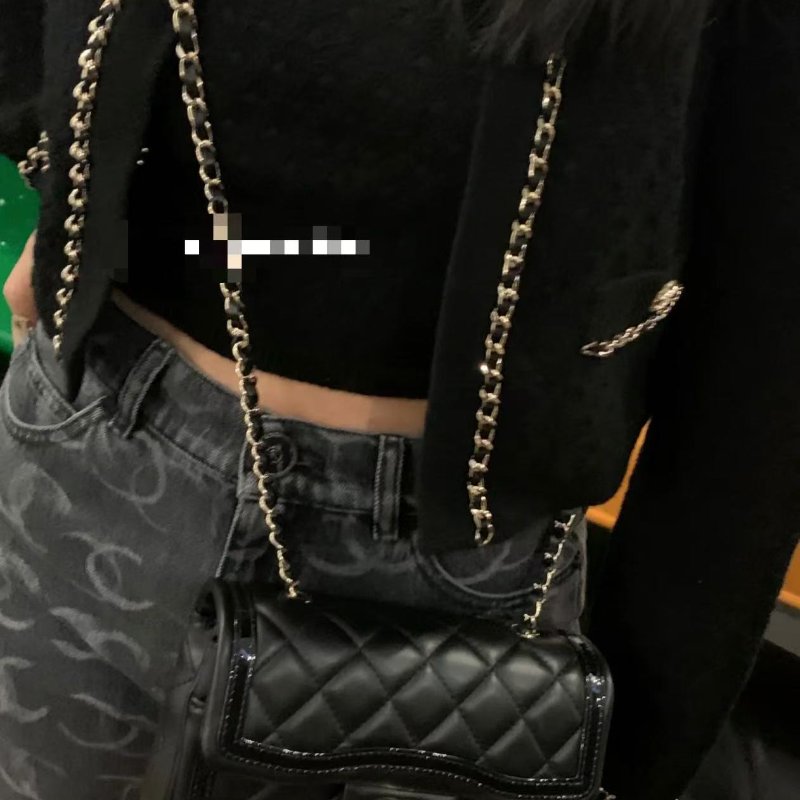 CHANEL cf 迷你23B 金扣菱格紋皮穿鏈羊皮拼漆皮肩背斜背包 芯片款 20×13.5×6.5cm 98新配件塵袋盒子購證-0