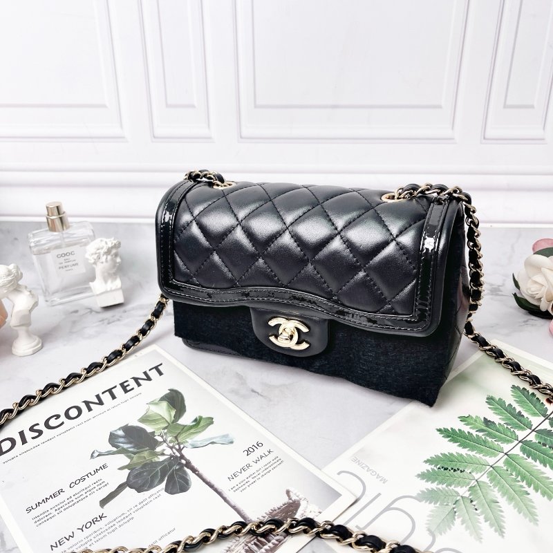 CHANEL cf 迷你23B 金扣菱格紋皮穿鏈羊皮拼漆皮肩背斜背包 芯片款 20×13.5×6.5cm 98新配件塵袋盒子購證-2