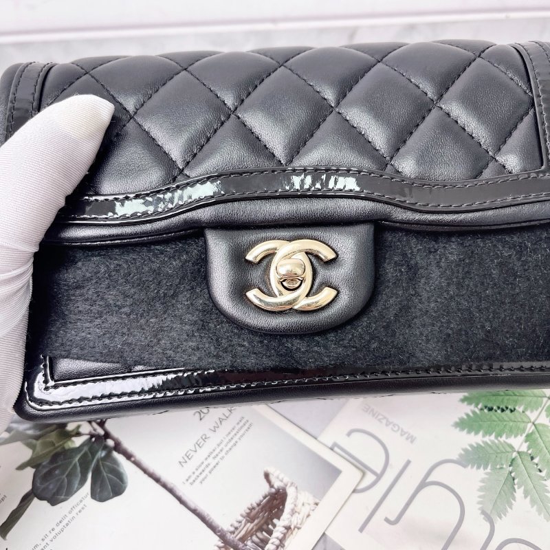 CHANEL cf 迷你23B 金扣菱格紋皮穿鏈羊皮拼漆皮肩背斜背包 芯片款 20×13.5×6.5cm 98新配件塵袋盒子購證-7