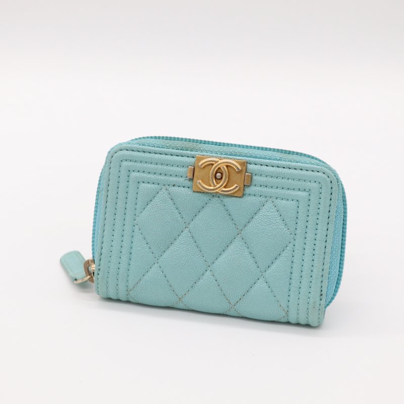 CHANEL 香奈兒 天藍色 荔枝皮 短卡夾 零錢包-1