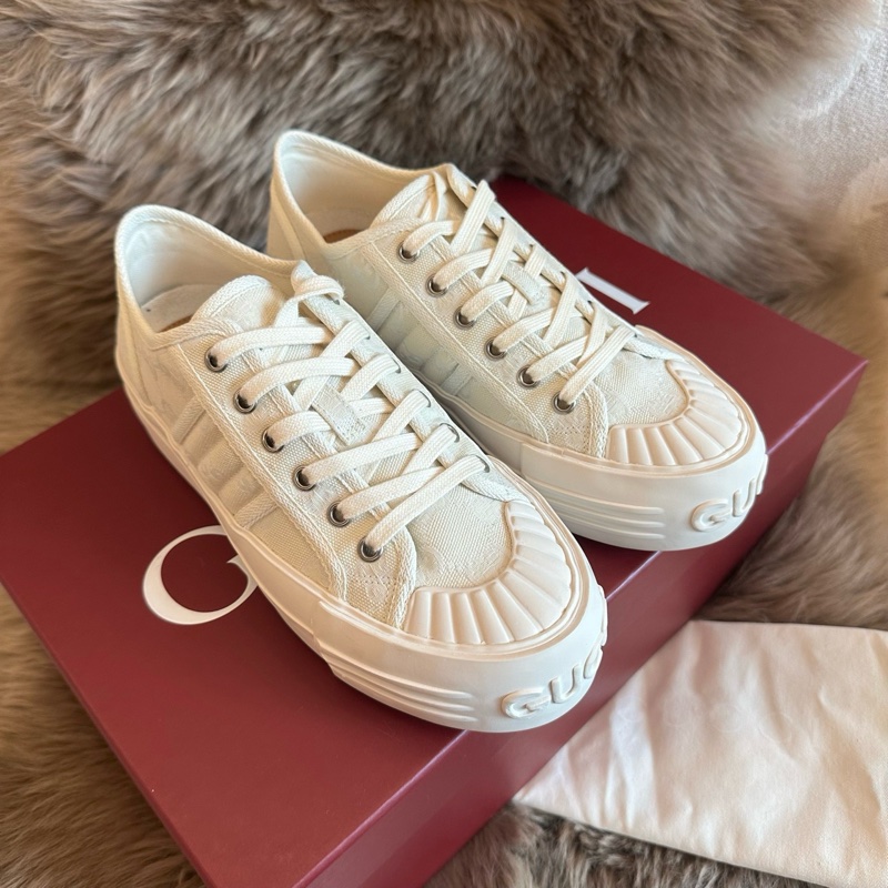 閒置新，未使用Gucci古馳 厚底系帶 低幫 帆布鞋 女款 白色 尺碼：37.5/38.5-0