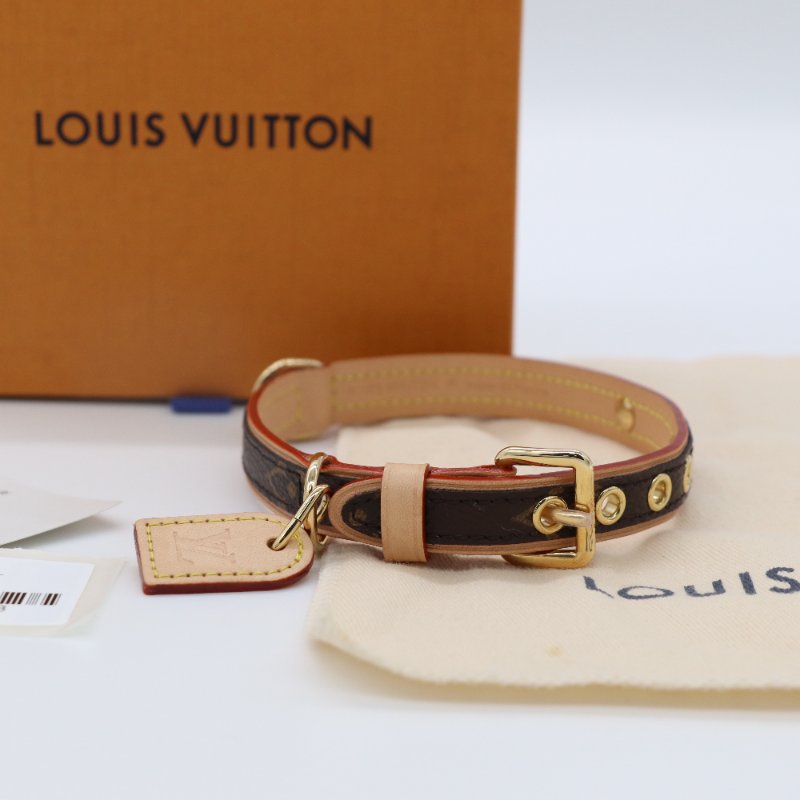 LOUIS VUITTON 路易威登 Monogram 棕色 塗層帆布 皮革飾邊 金扣 狗項圈-1