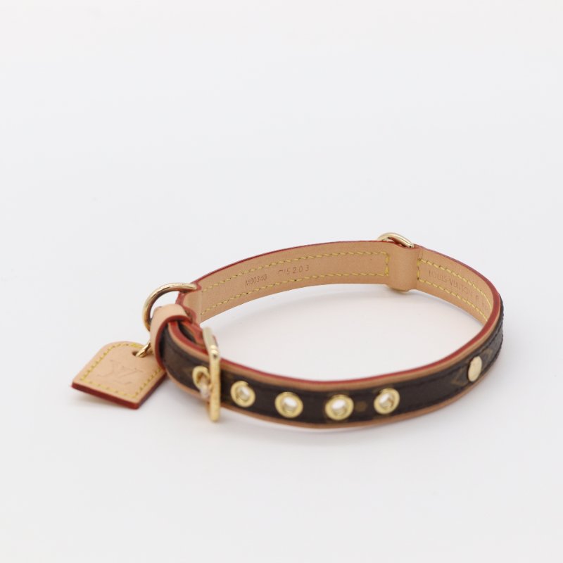 LOUIS VUITTON 路易威登 Monogram 棕色 塗層帆布 皮革飾邊 金扣 狗項圈-2