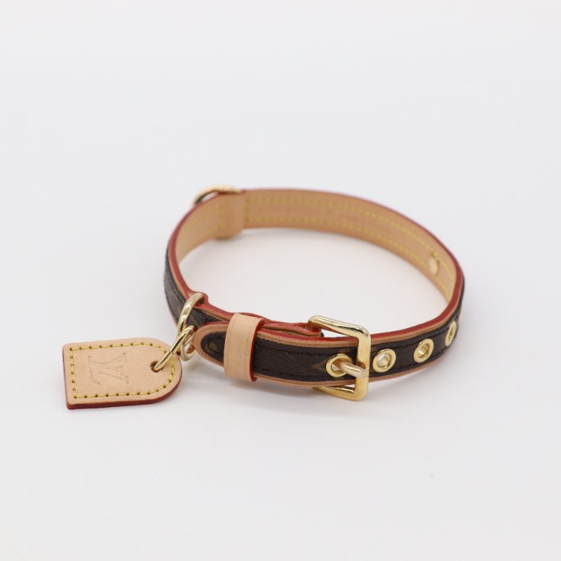 LOUIS VUITTON 路易威登 Monogram 棕色 塗層帆布 皮革飾邊 金扣 狗項圈-3