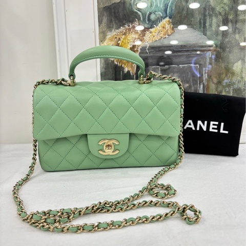 CHANEL 香奈兒 23P綠色 銀扣手柄CF大mini單肩斜背包 晶片