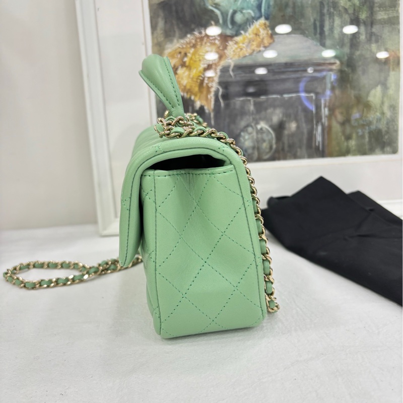 CHANEL 香奈兒 23P綠色 銀扣手柄CF大mini單肩斜背包 晶片-3