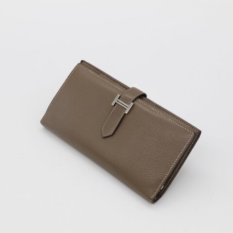 HERMES 愛馬仕 Béarn Soufflet 灰色 山羊皮 銀扣 長夾