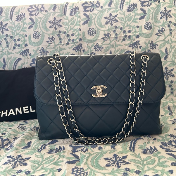 國際精品CHANEL香奈兒CF 肩背包 很深的氣質藍 銀扣鍊-7