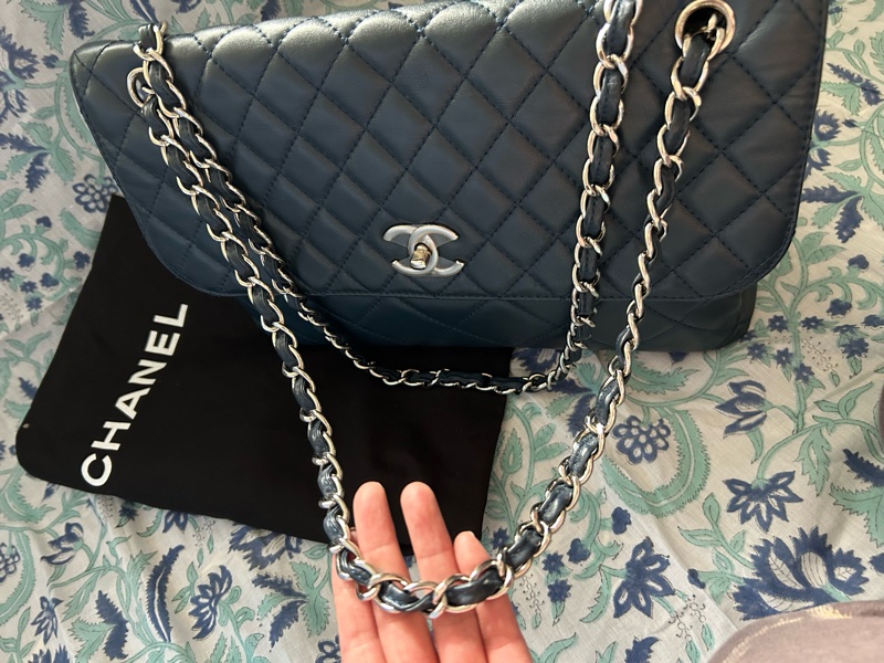 國際精品CHANEL香奈兒CF 肩背包 很深的氣質藍 銀扣鍊-18