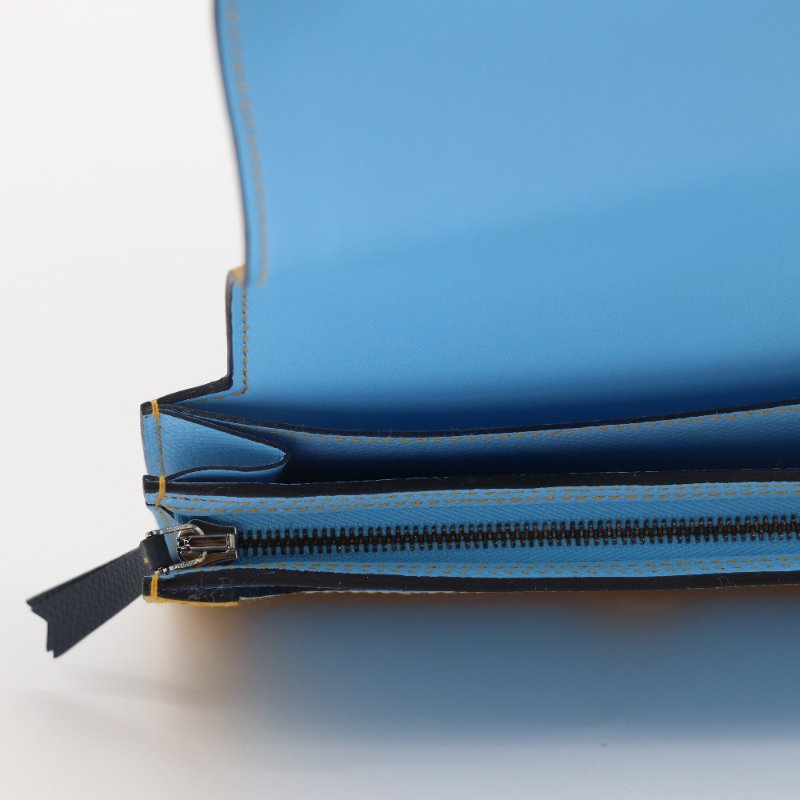 HERMES 愛馬仕 Camail 藍色 黃色 拚色 Epsom 皮革長夾-6