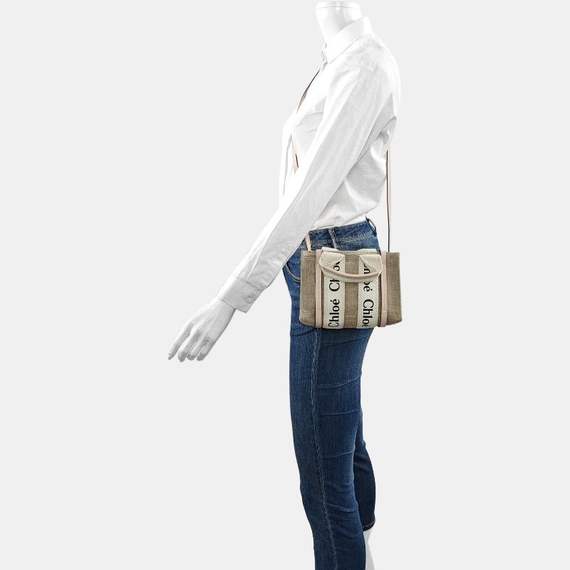 Chloe Woody迷你卡其色帆布單肩包手提包斜挎包銀色五金 9.8新-1