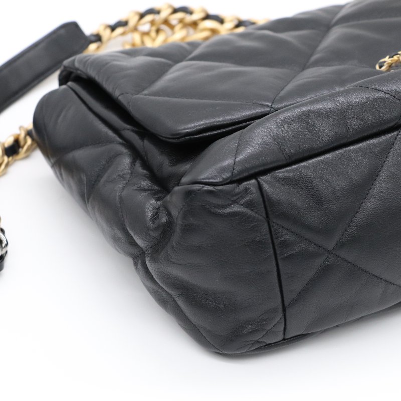 CHANEL 香奈兒 19 黑色菱格紋 小羊皮 三色鍊條  翻蓋包 肩背包-5