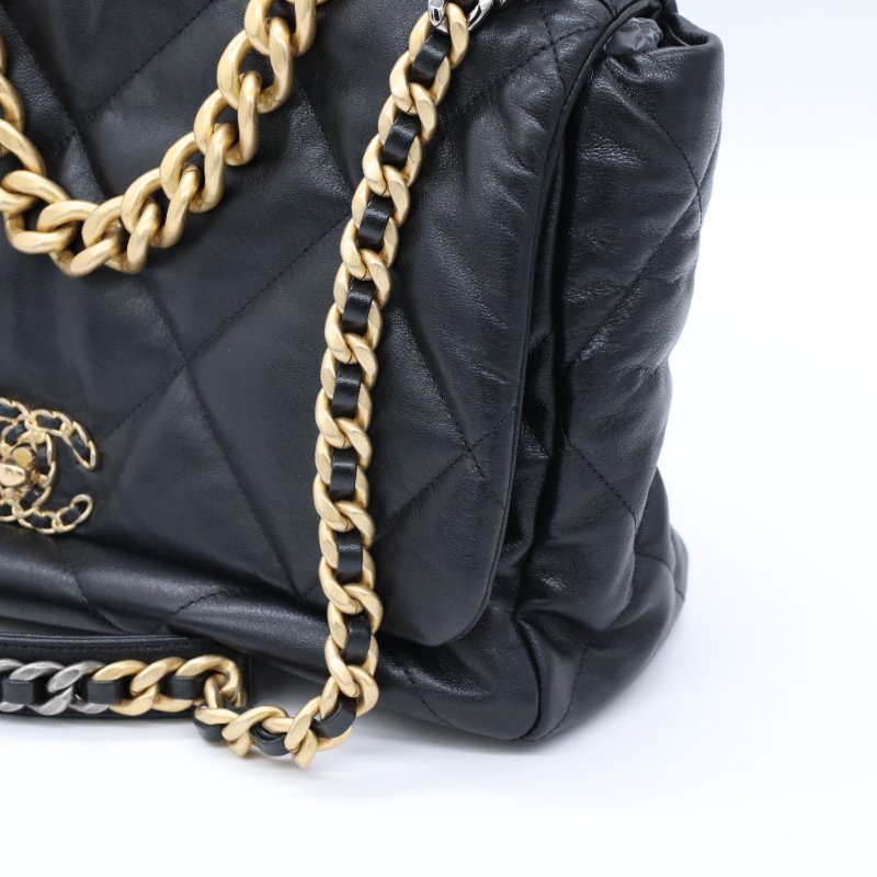 CHANEL 香奈兒 19 黑色菱格紋 小羊皮 三色鍊條  翻蓋包 肩背包-7