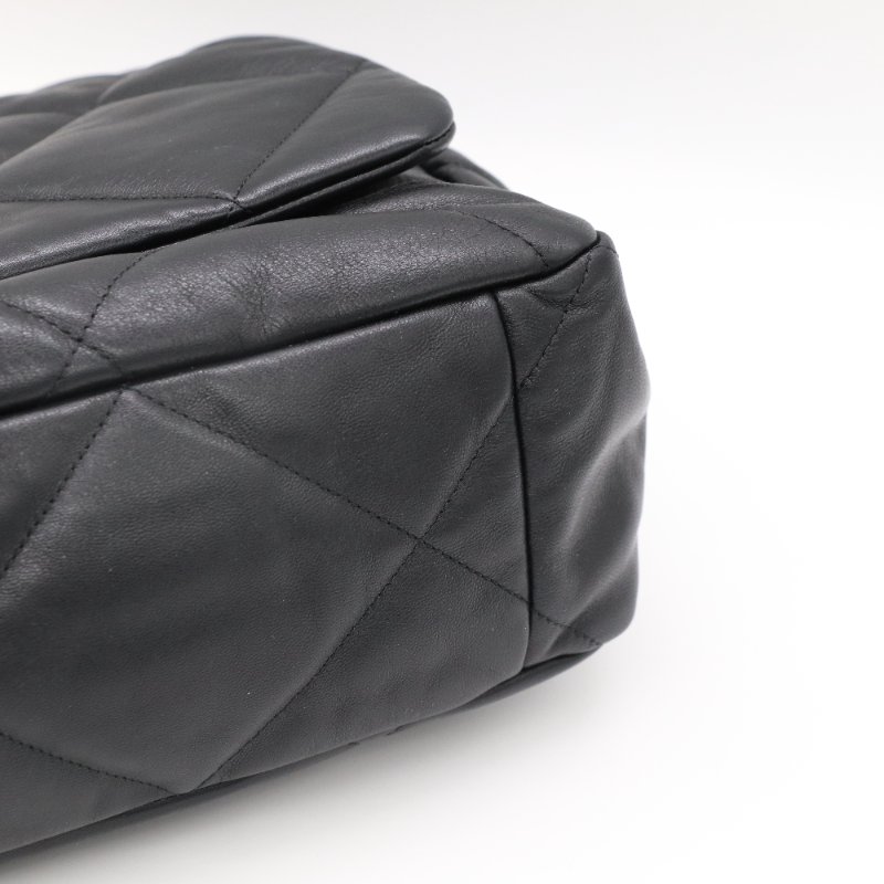 CHANEL 香奈兒 19 黑色菱格紋 小羊皮 三色鍊條  翻蓋包 肩背包-10