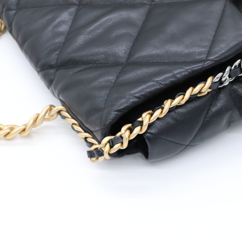 CHANEL 香奈兒 19 黑色菱格紋 小羊皮 三色鍊條  翻蓋包 肩背包-11