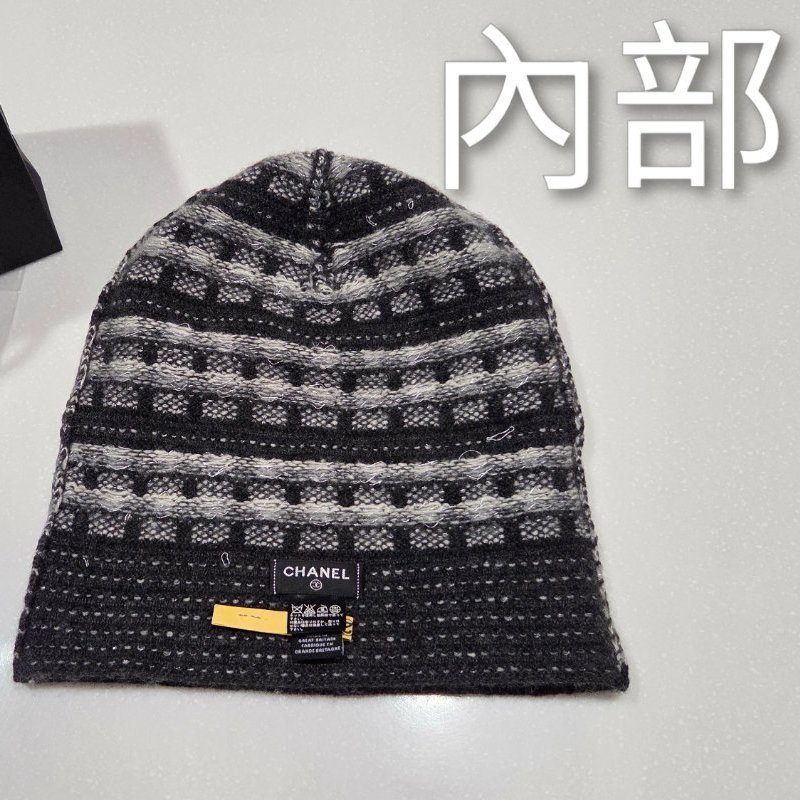 聖誕新年禮物,此價僅一天/ Chanel香奈兒黑灰跳色經典雙C logo喀什米爾羊絨毛帽/ 冷帽/ 保暖帽/ 針織帽，不怕寒流來襲-4
