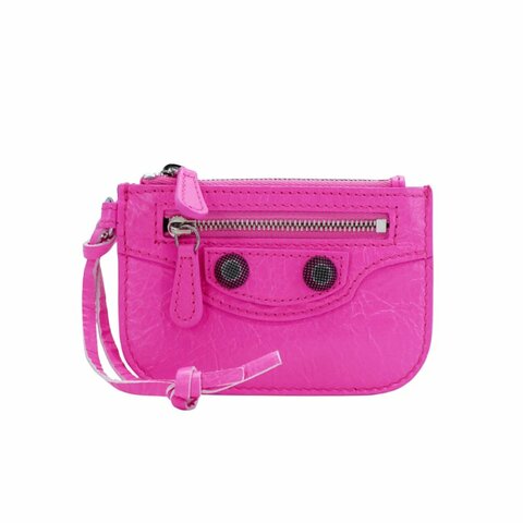 Balenciaga 展示品 Le Cagole 小羊皮鉚釘拉鍊零錢包(螢光粉)