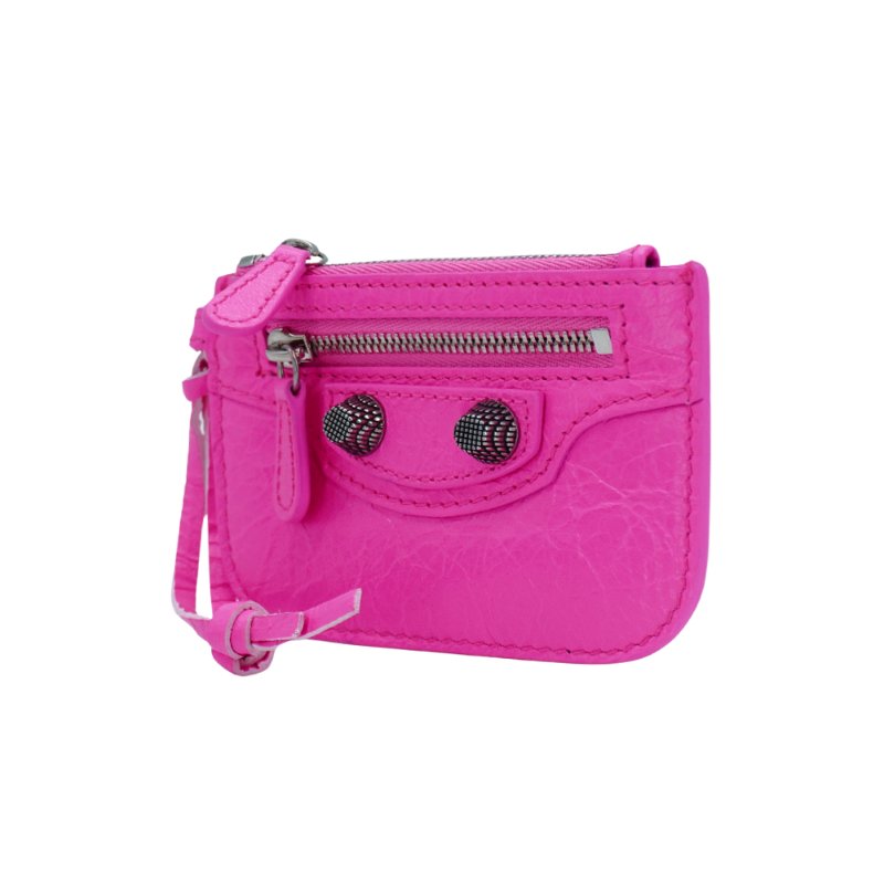 Balenciaga 展示品 Le Cagole 小羊皮鉚釘拉鍊零錢包(螢光粉)-1