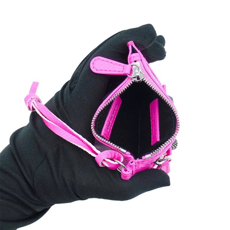Balenciaga 展示品 Le Cagole 小羊皮鉚釘拉鍊零錢包(螢光粉)-4