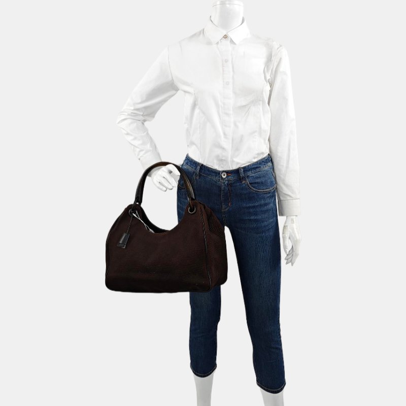 GUCCI 深棕色帆布單肩包 黑色五金-1