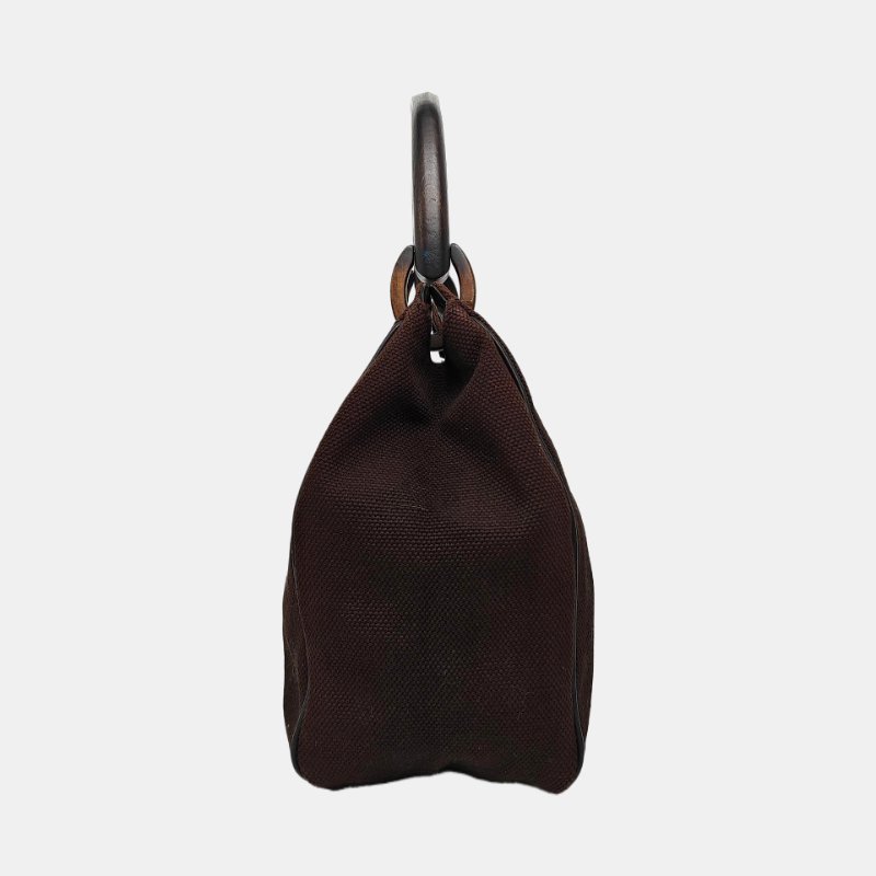 GUCCI 深棕色帆布單肩包 黑色五金-2