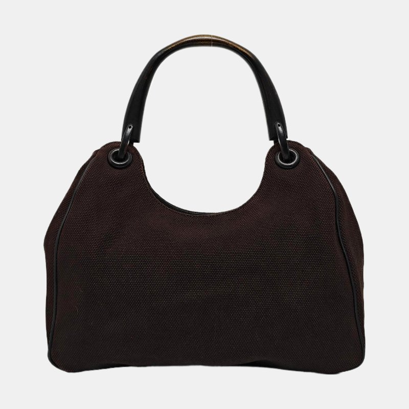 GUCCI 深棕色帆布單肩包 黑色五金-4