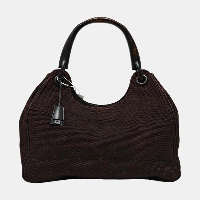 GUCCI 深棕色帆布單肩包 黑色五金-7