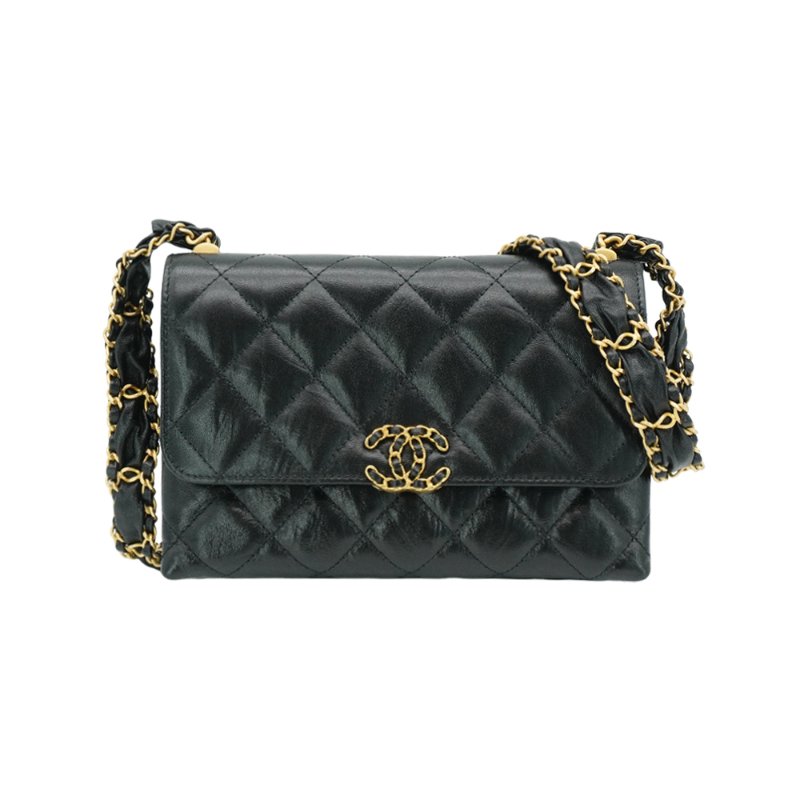 Chanel 19 抓皺牛皮金釦斜背風琴包(AP3572-黑)-0