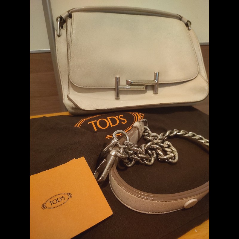 ✦ TOD’S Double T 奶油白 翻蓋手提/肩背 銀釦 鍊帶兩用包-0