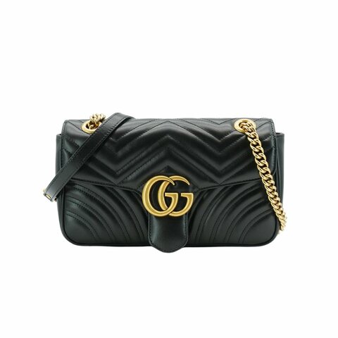 Gucci 展示品 Marmont 仿舊金雙G皮革斜背/肩背包-26cm(443497-黑)