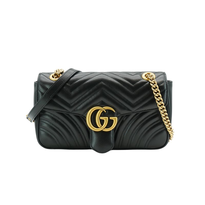Gucci 展示品 Marmont 仿舊金雙G皮革斜背/肩背包-26cm(443497-黑)-0