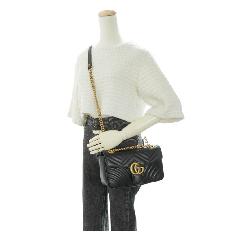 Gucci 展示品 Marmont 仿舊金雙G皮革斜背/肩背包-26cm(443497-黑)-5