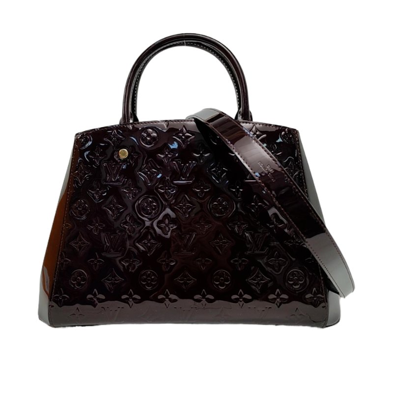 LOUIS VUITTON MONTAIGNE中號酒紅色漆皮壓紋蒙田包單肩包 金色五金 可拆卸肩帶 配件齊全-0