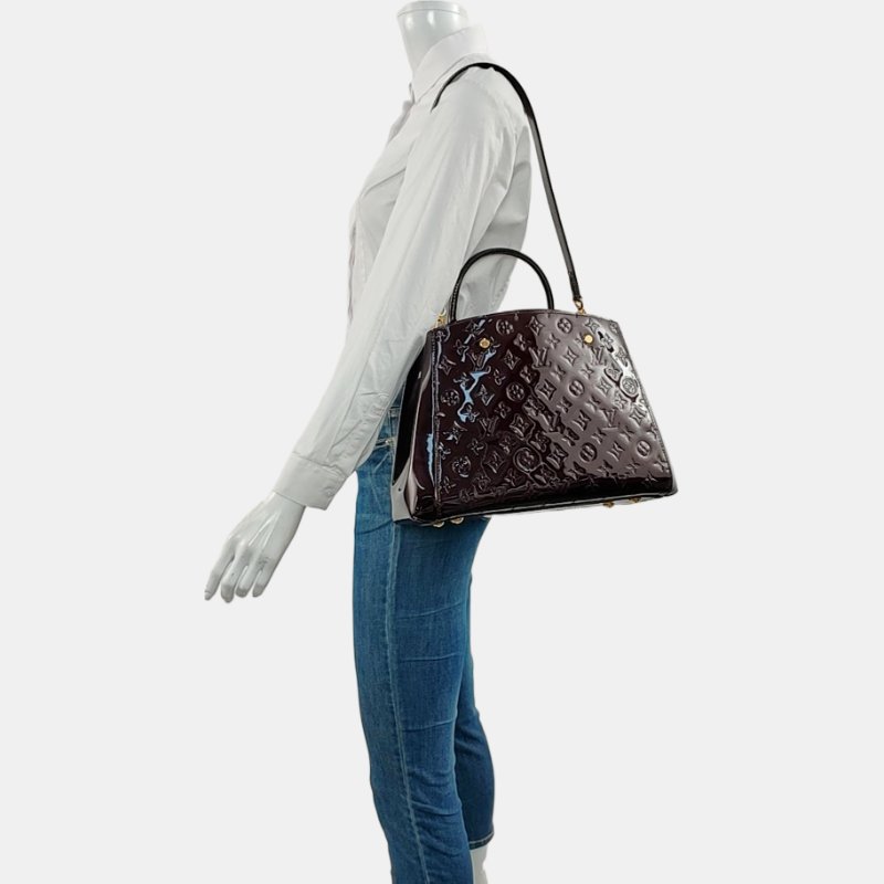 LOUIS VUITTON MONTAIGNE中號酒紅色漆皮壓紋蒙田包單肩包 金色五金 可拆卸肩帶 配件齊全-1