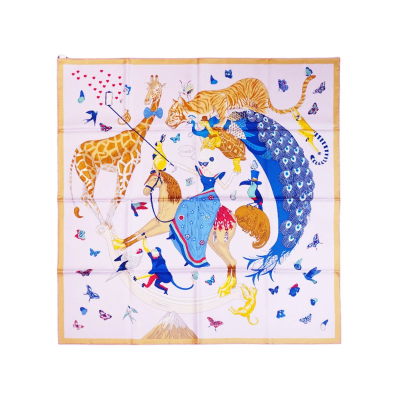 Hermes 愛馬仕故事圖驣絲巾/方巾-90cm(粉/藍/香檳金)-0