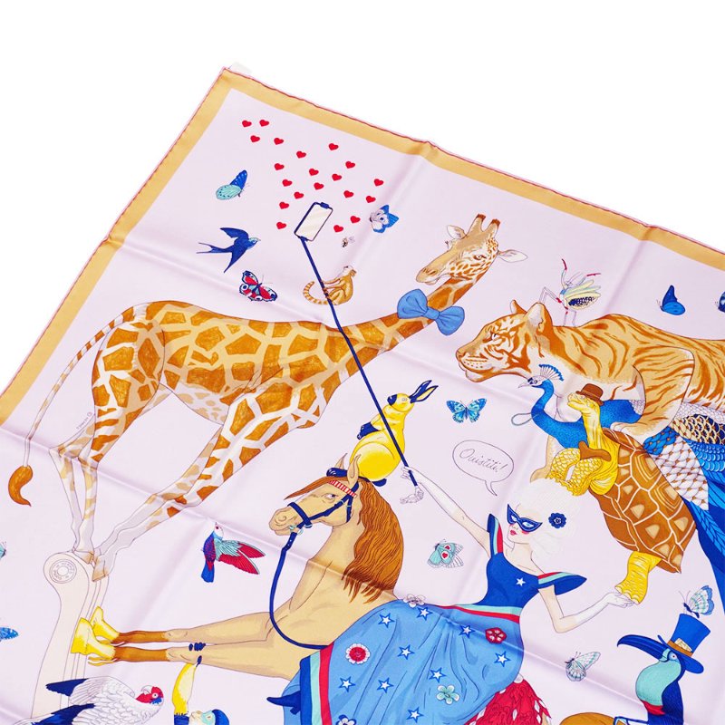 Hermes 愛馬仕故事圖驣絲巾/方巾-90cm(粉/藍/香檳金)-1