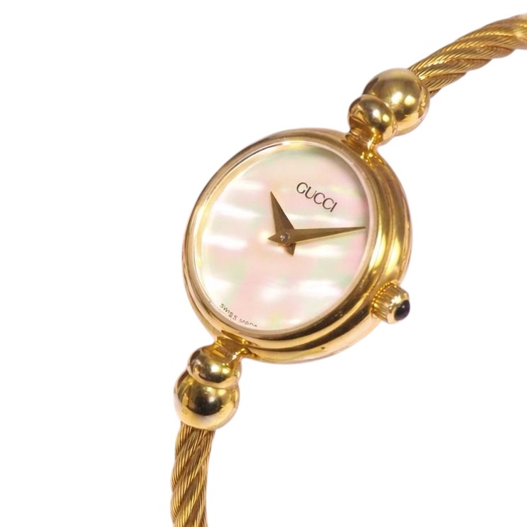 🌷Gucci *稀有Vintage*白母貝麻花手環金錶 ｜經典花紋✦fufu style 精品✦ 氣質款｜手錶.古董手錶-8