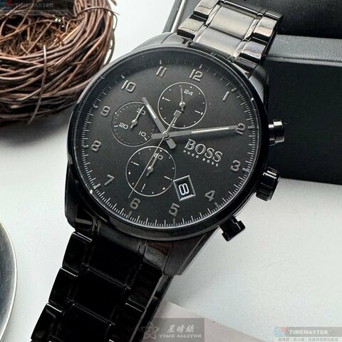 BOSS手錶,編號HB1513785,44mm黑圓形精鋼錶殼,黑色三眼, 中三針顯示錶面,深黑色精鋼錶帶款