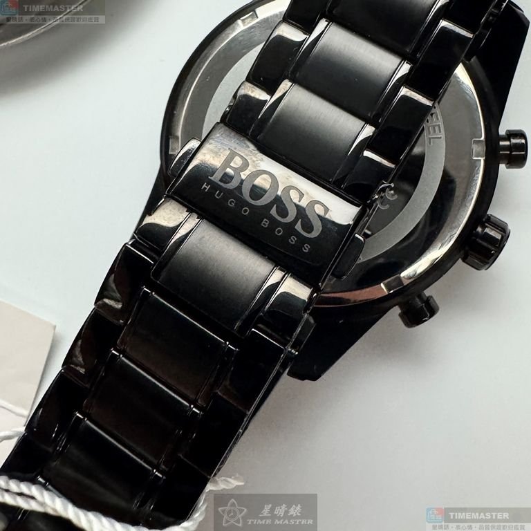 BOSS手錶,編號HB1513785,44mm黑圓形精鋼錶殼,黑色三眼, 中三針顯示錶面,深黑色精鋼錶帶款-2
