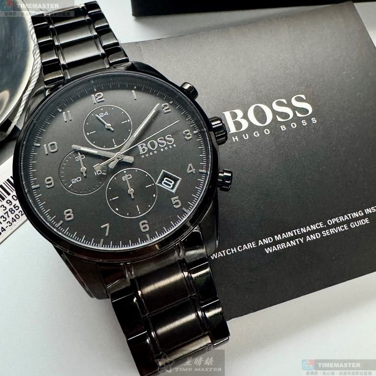 BOSS手錶,編號HB1513785,44mm黑圓形精鋼錶殼,黑色三眼, 中三針顯示錶面,深黑色精鋼錶帶款-6