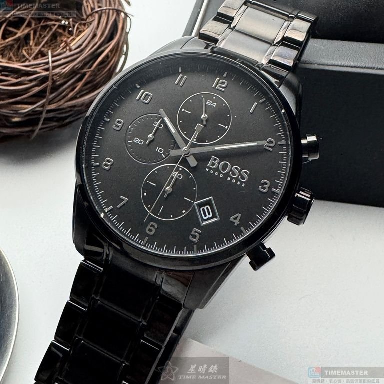 BOSS手錶,編號HB1513785,44mm黑圓形精鋼錶殼,黑色三眼, 中三針顯示錶面,深黑色精鋼錶帶款-12