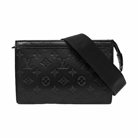 LOUIS VUITTONTRIANGLE黑色牛皮老花壓紋郵差包單肩包手提包斜挎包黑色五金子袋可拆卸肩帶配件齊全9.8新 晶片款