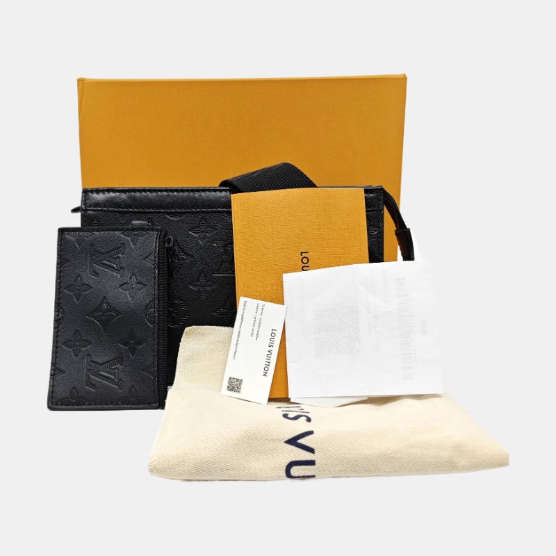 LOUIS VUITTONTRIANGLE黑色牛皮老花壓紋郵差包單肩包手提包斜挎包黑色五金子袋可拆卸肩帶配件齊全9.8新 晶片款-7