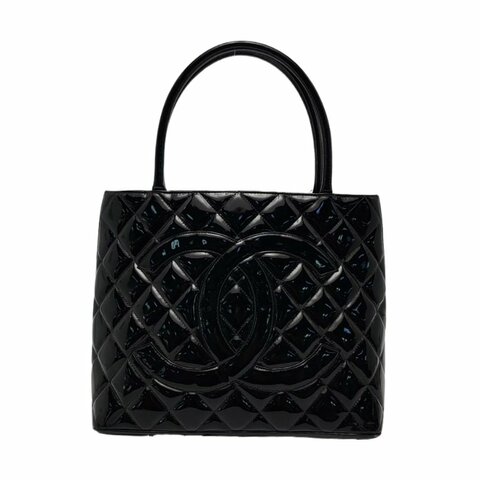 CHANEL MEDALLION黑色漆皮菱格紋希爾頓手提包單肩包 金色五金 中古款
