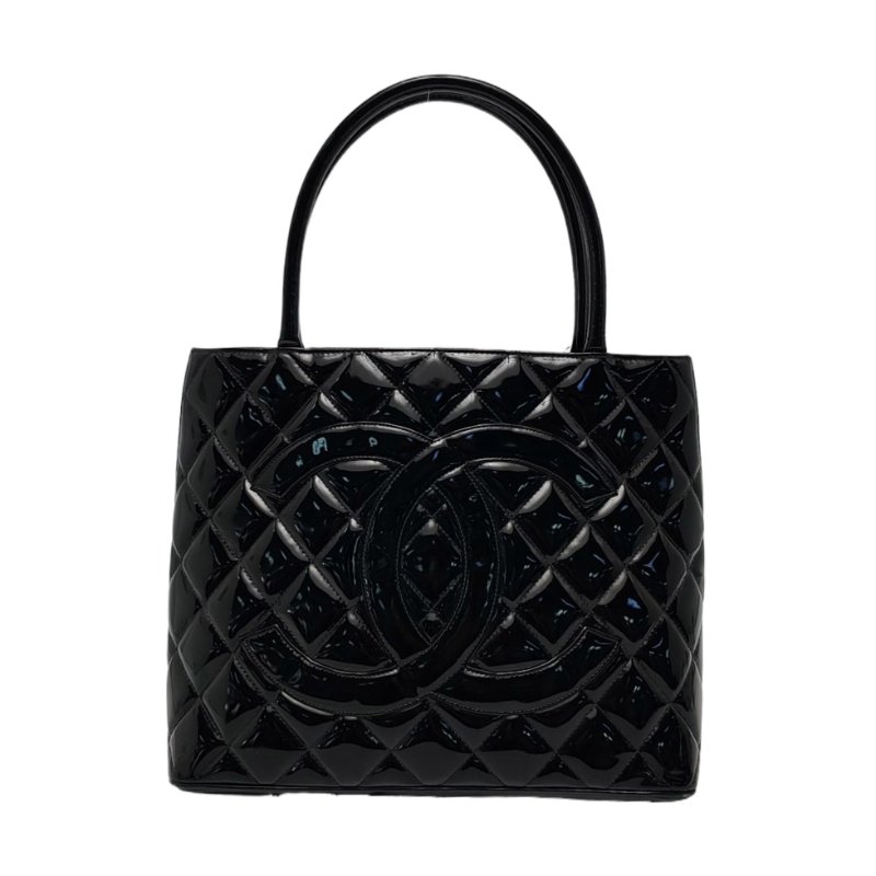 CHANEL MEDALLION黑色漆皮菱格紋希爾頓手提包單肩包 金色五金 中古款-0